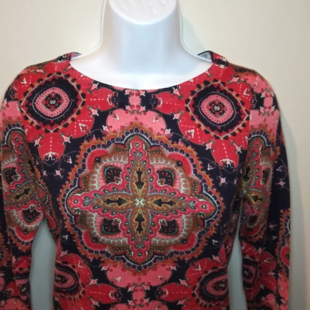 LAST CHANCE-Talbots Pink-Multi Morrocan Tile Patterned Merino Wool Sweater - Picture 2 of 8